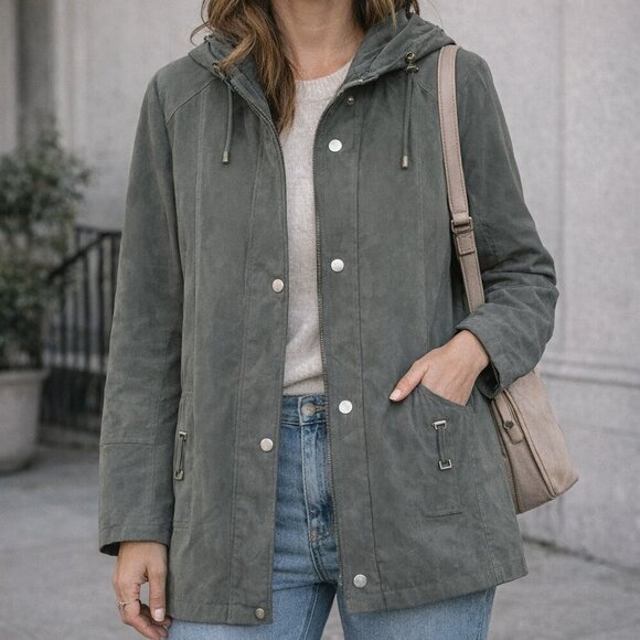 Fen-nelli Jackets & Blazers - Fen-nelli Women’s Sage Green Suede Feel Hooded Jacket | Size 9/10